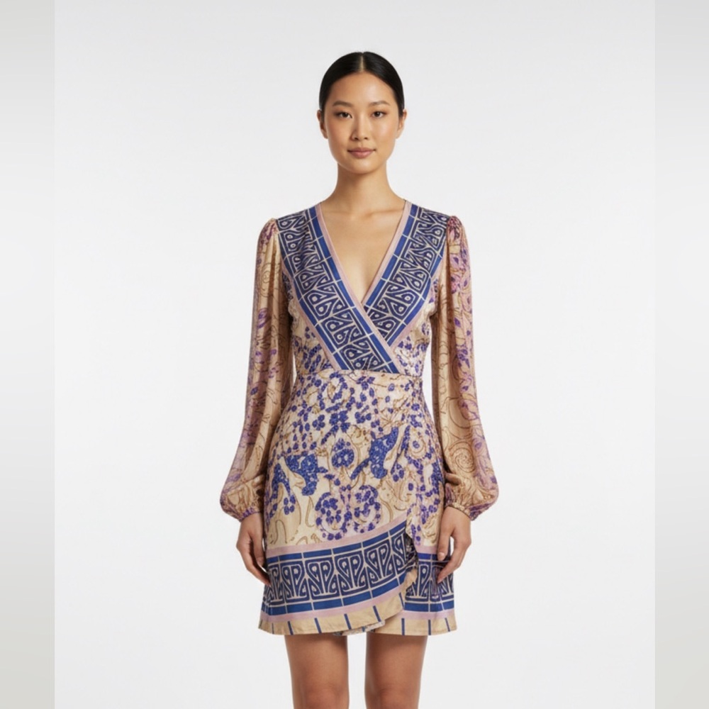 ANALILI 100% SILK  FAUX WRAP DRESS SHEER CUFF SLEEVES BOHO LAGEN-LOOK RESORTWEAR